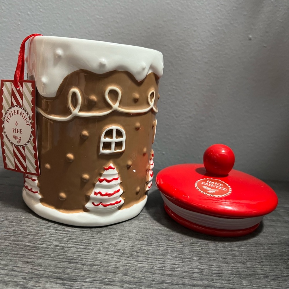 Festive Gingerbread House Cookie Jar with Red and Brown Accents - Picture 5 of 5